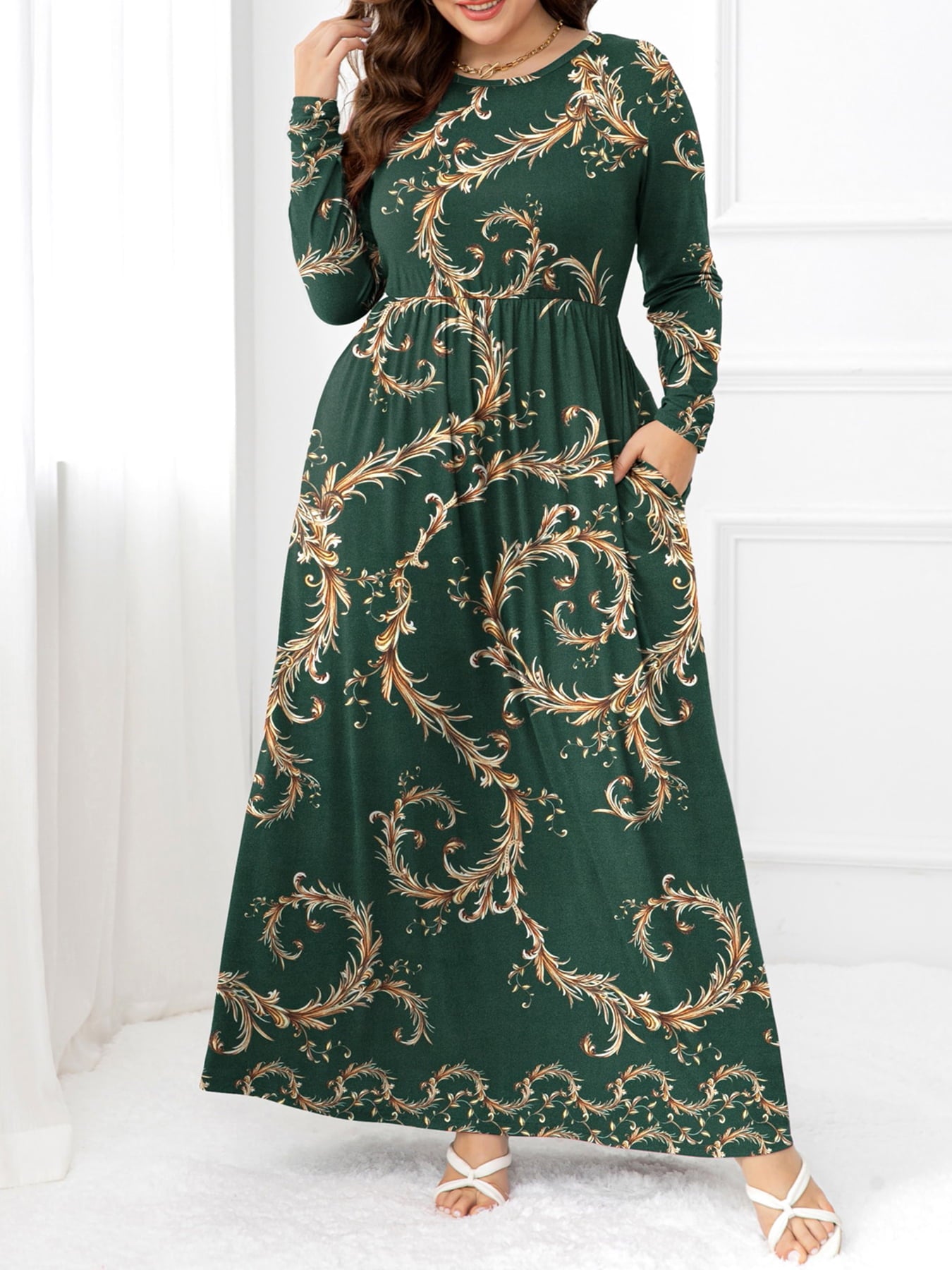 Plus Size Round Neck Maxi Dress with Pockets - felvior