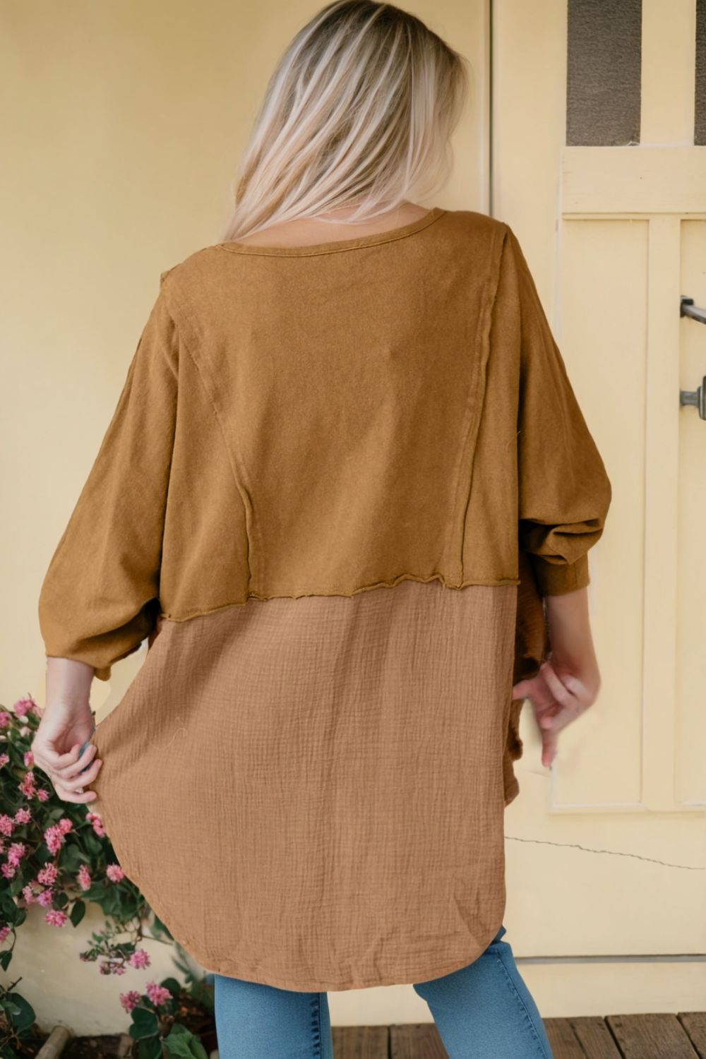 Contrast Texture Round Neck Long Sleeve Blouse - felvior