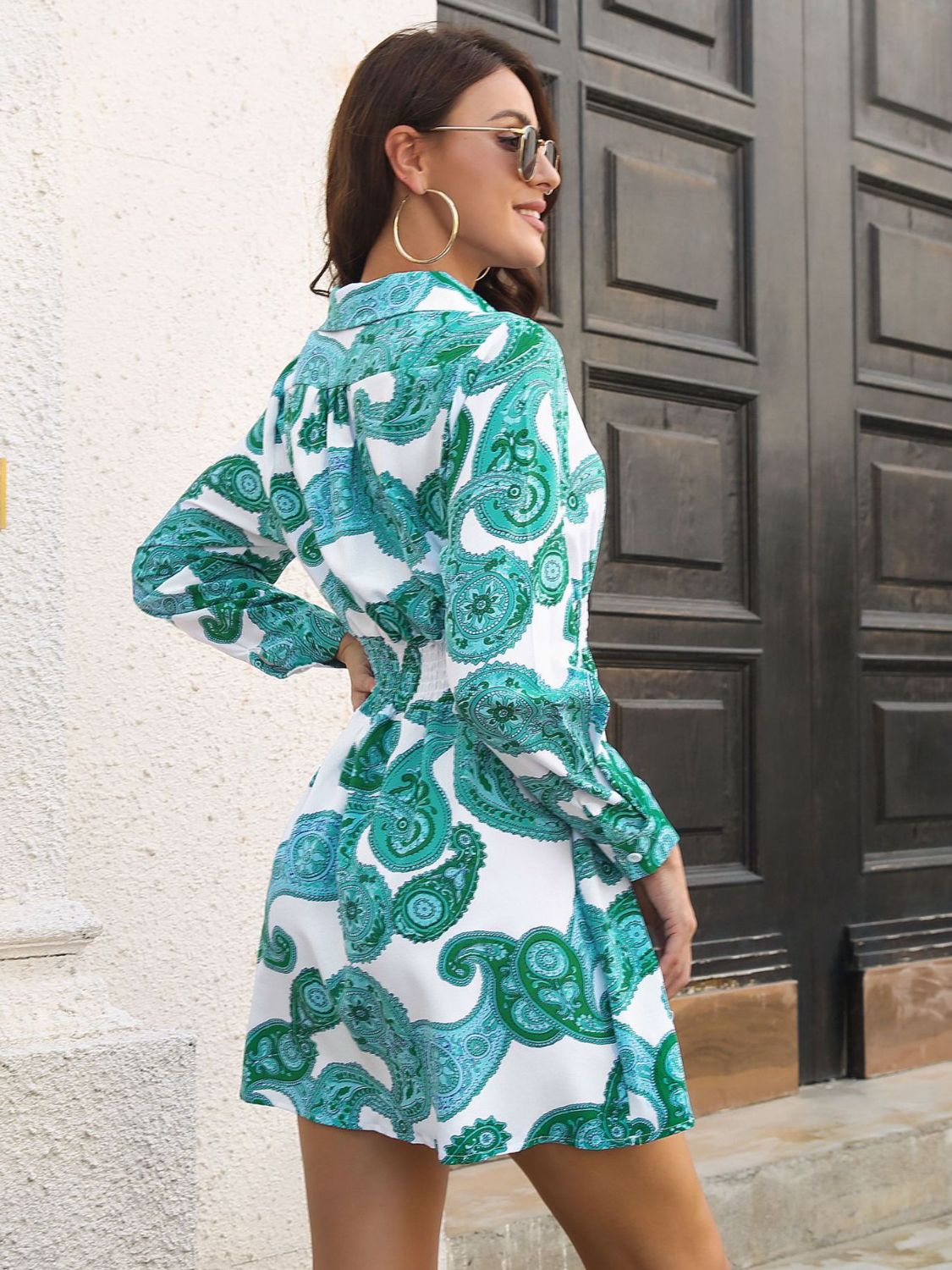 Paisley Print Johnny Collar Smocked Dress - felvior