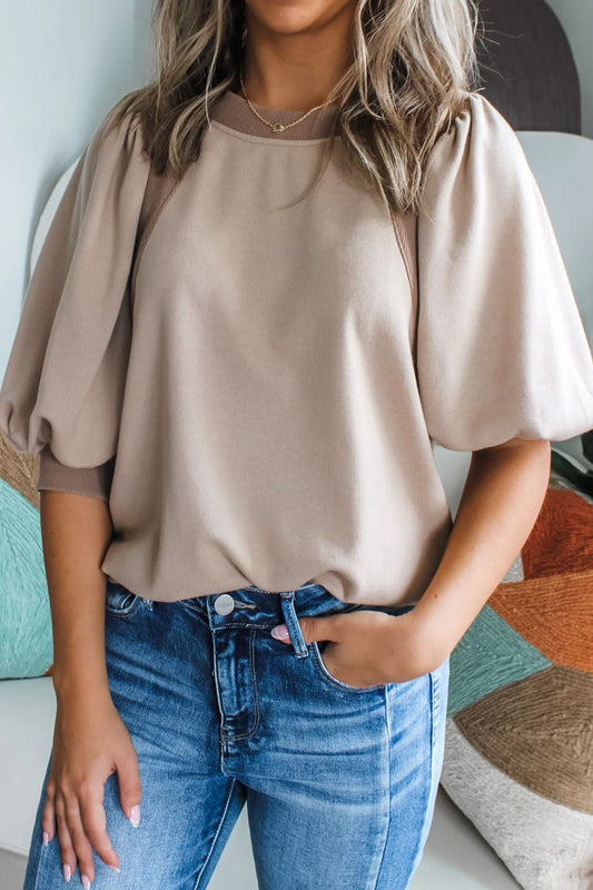 Round Neck Puff Half Sleeve Blouse - felvior