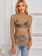 Mock Neck Long Sleeve Lace Sheer Top