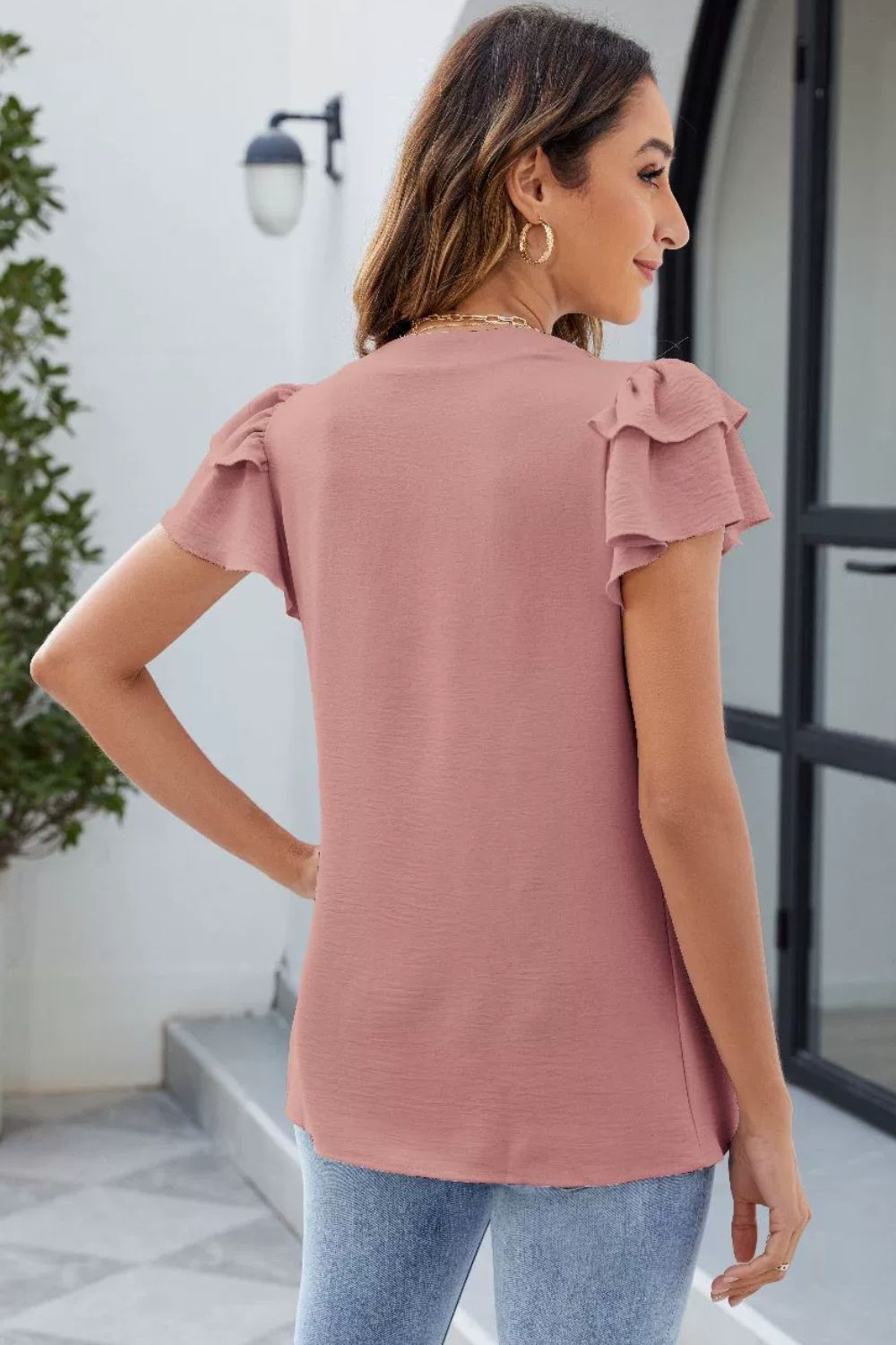 Ruffled Notched Short Sleeve Blouse - felvior