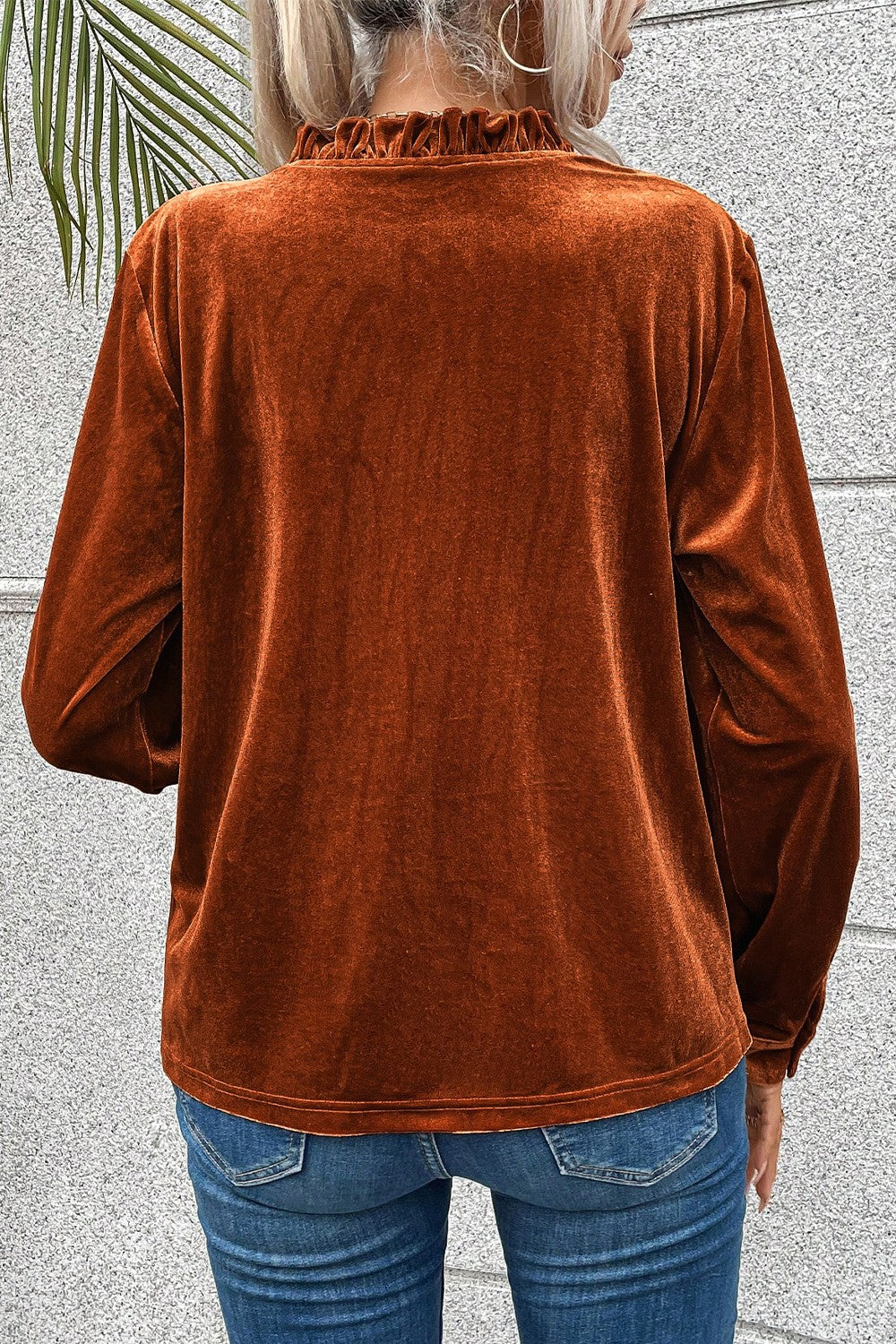 Notched Frill Detail Long Sleeve Blouse - felvior