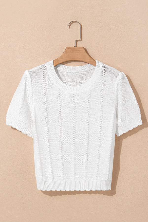 Openwork Round Neck Short Sleeve Knit Top - felvior