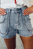 Studded Acid Wash Denim Shorts - felvior