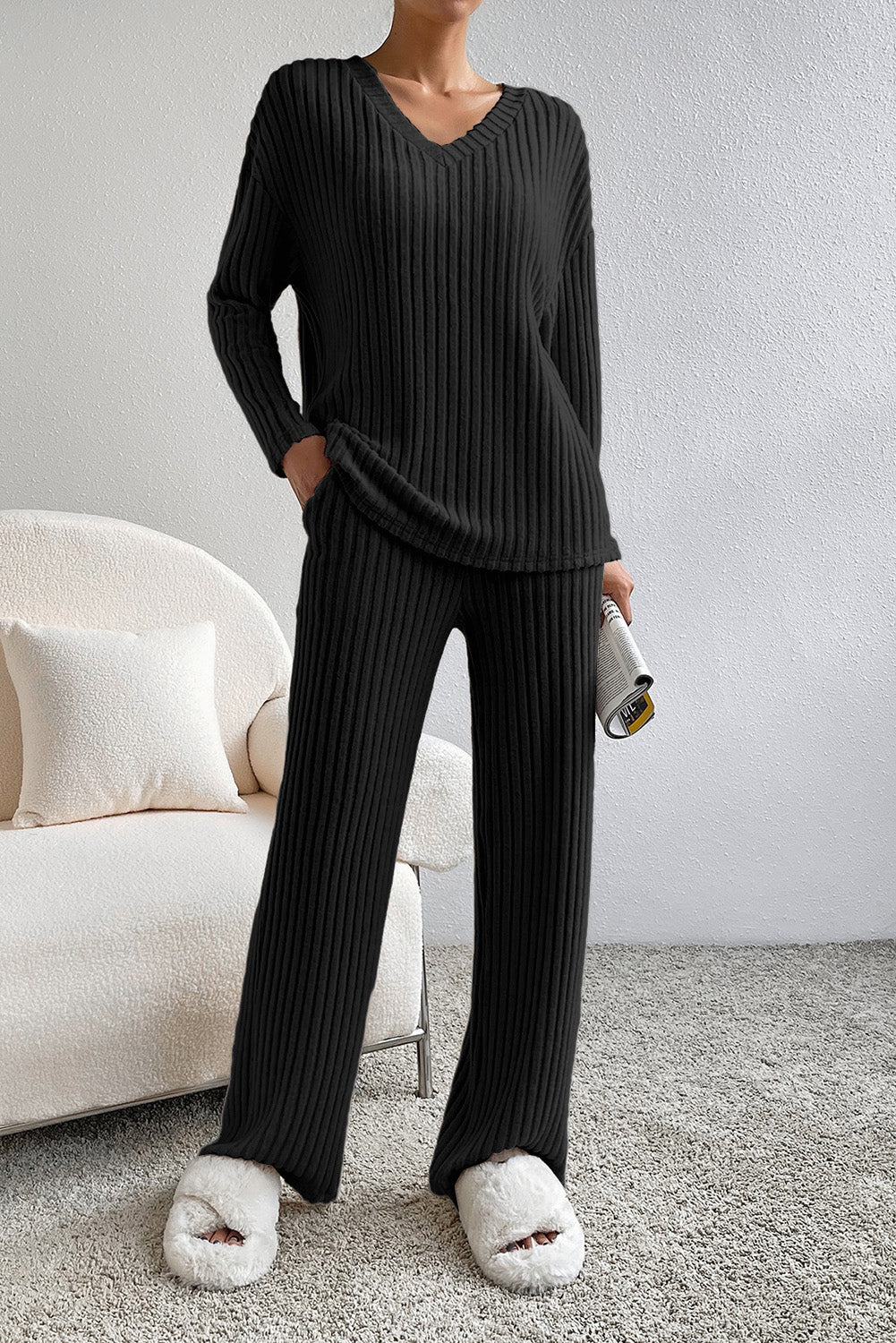 Ribbed V-Neck Top and Pants Lounge Set - felvior