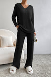 Ribbed V-Neck Top and Pants Lounge Set - felvior