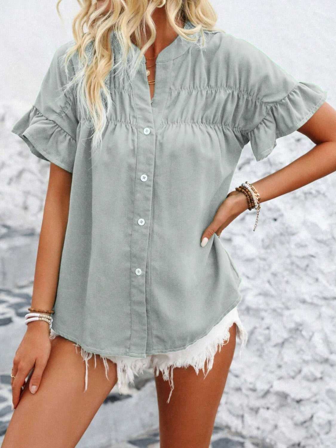 Button Down Ruffled Short Sleeve Shirt - felvior