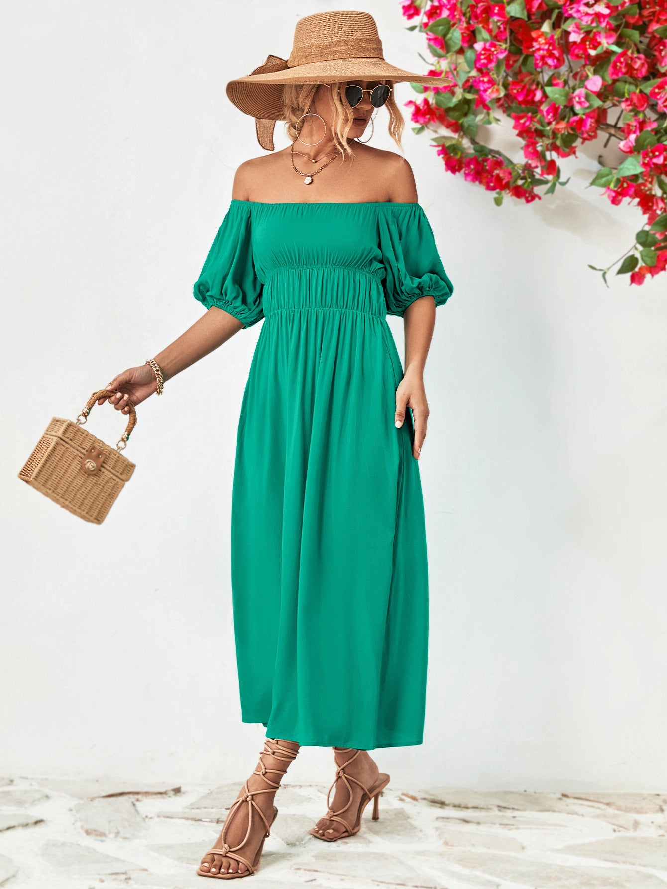 Off-Shoulder Balloon Sleeve Midi Dress - felvior