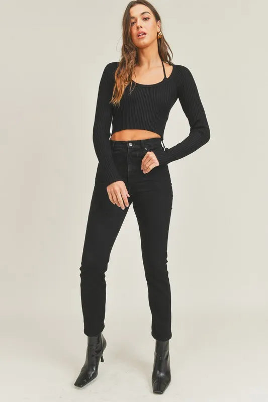MABLE Long Sleeve Crop Sweater Top and Inner Bra Set - felvior