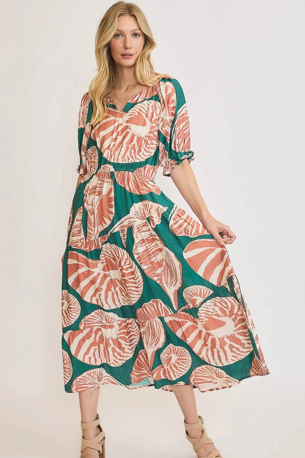 Umgee Full Size Printed Notched Puff Sleeve Midi Dress Plus Size