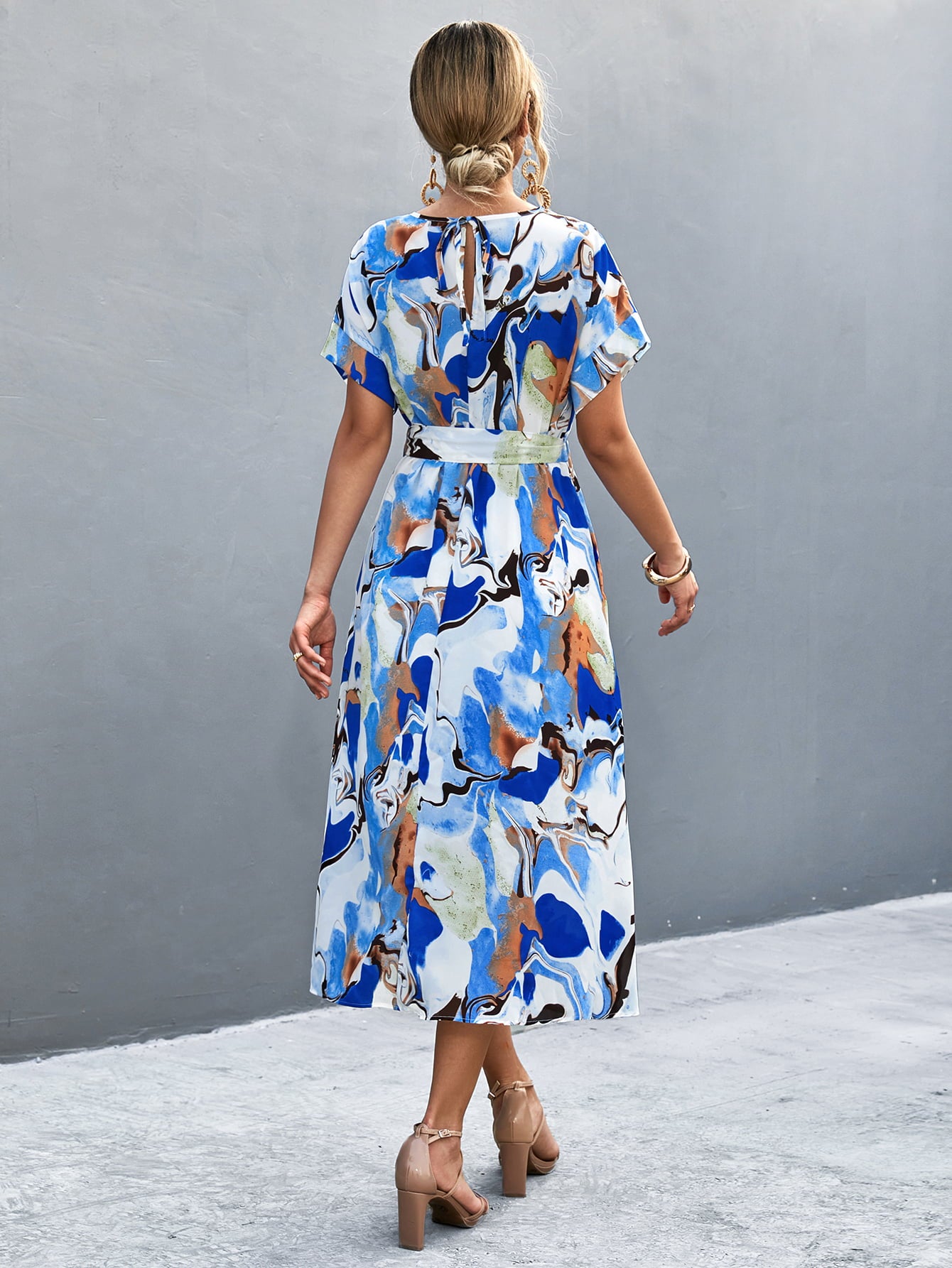 Round Neck Short Sleeve Tie Waist Midi Dress - felvior