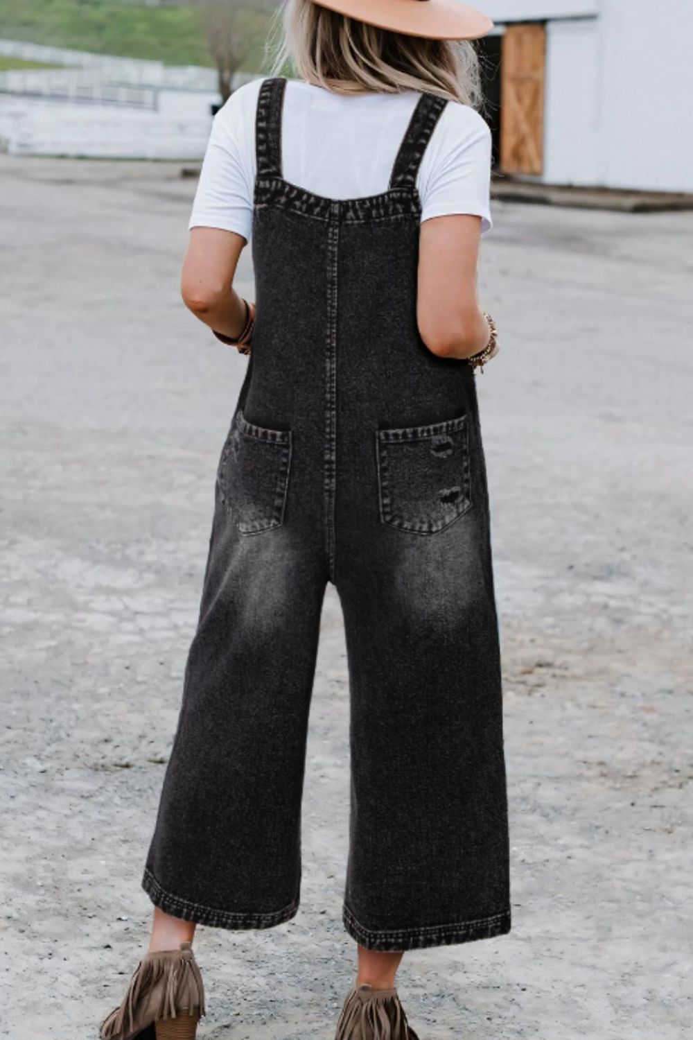 Distressed Wide Strap Denim Overalls - felvior