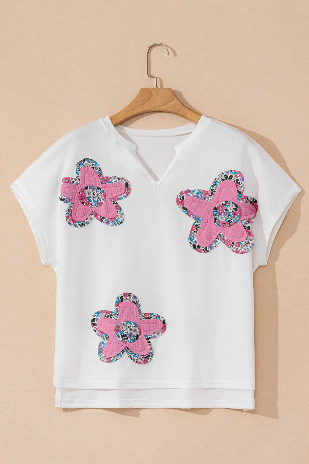 Floral Applique Notched Dolman Sleeve Top