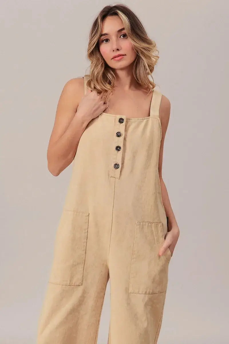 BiBi Washed Denim Buttoned Overall Jumpsuit