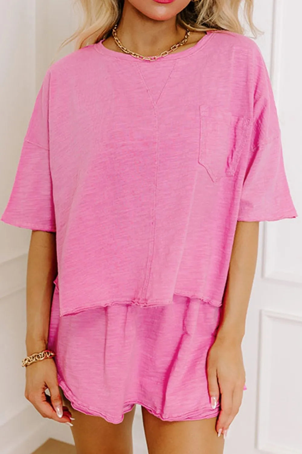 Round Neck Half Sleeve Top and Shorts Set - felvior