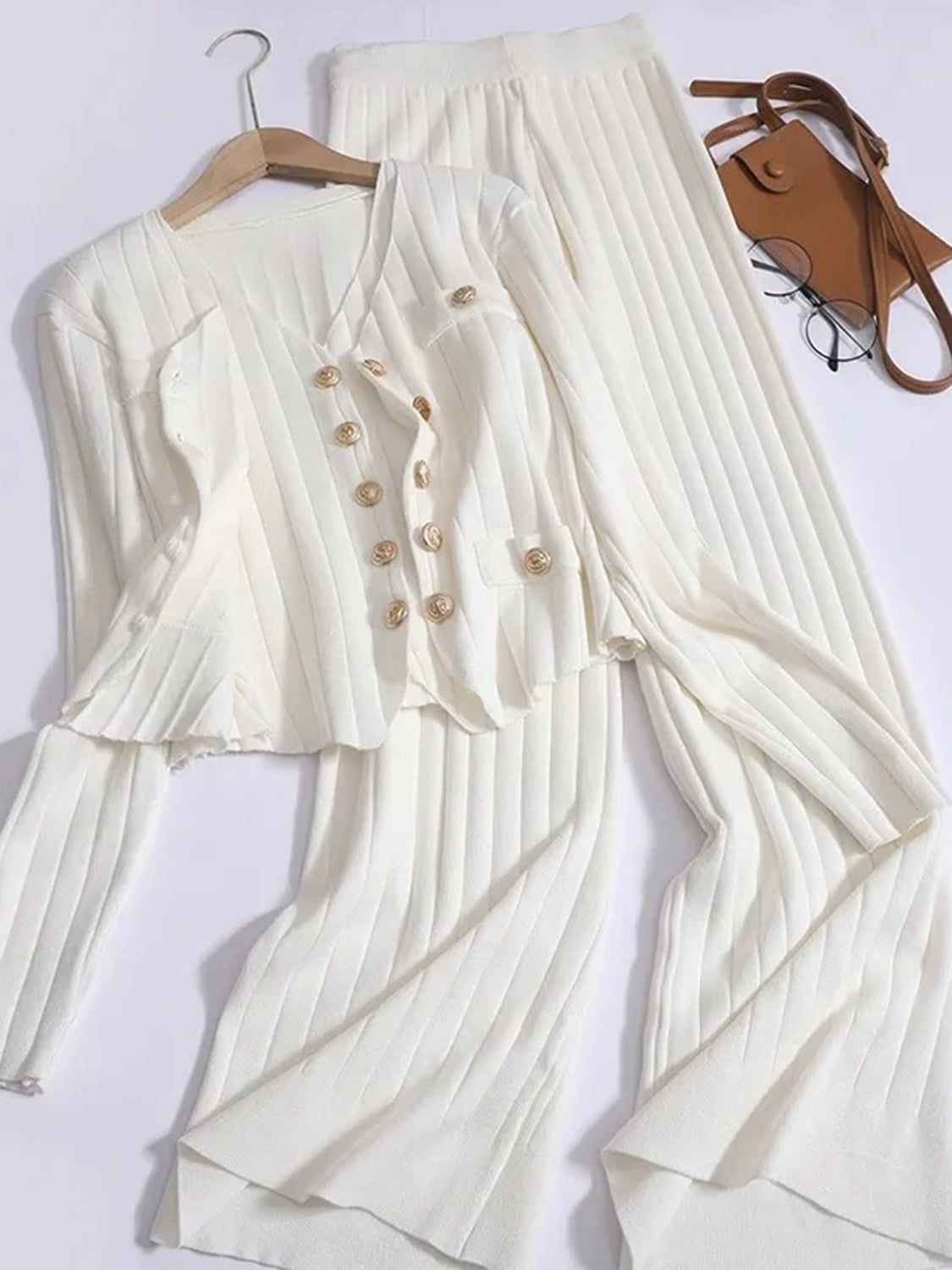 V-Neck Tank, Cardigan and Pants Three-Piece Sweater Set - felvior