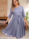 Plus Size Round Neck Striped Tie Waist Dress - felvior