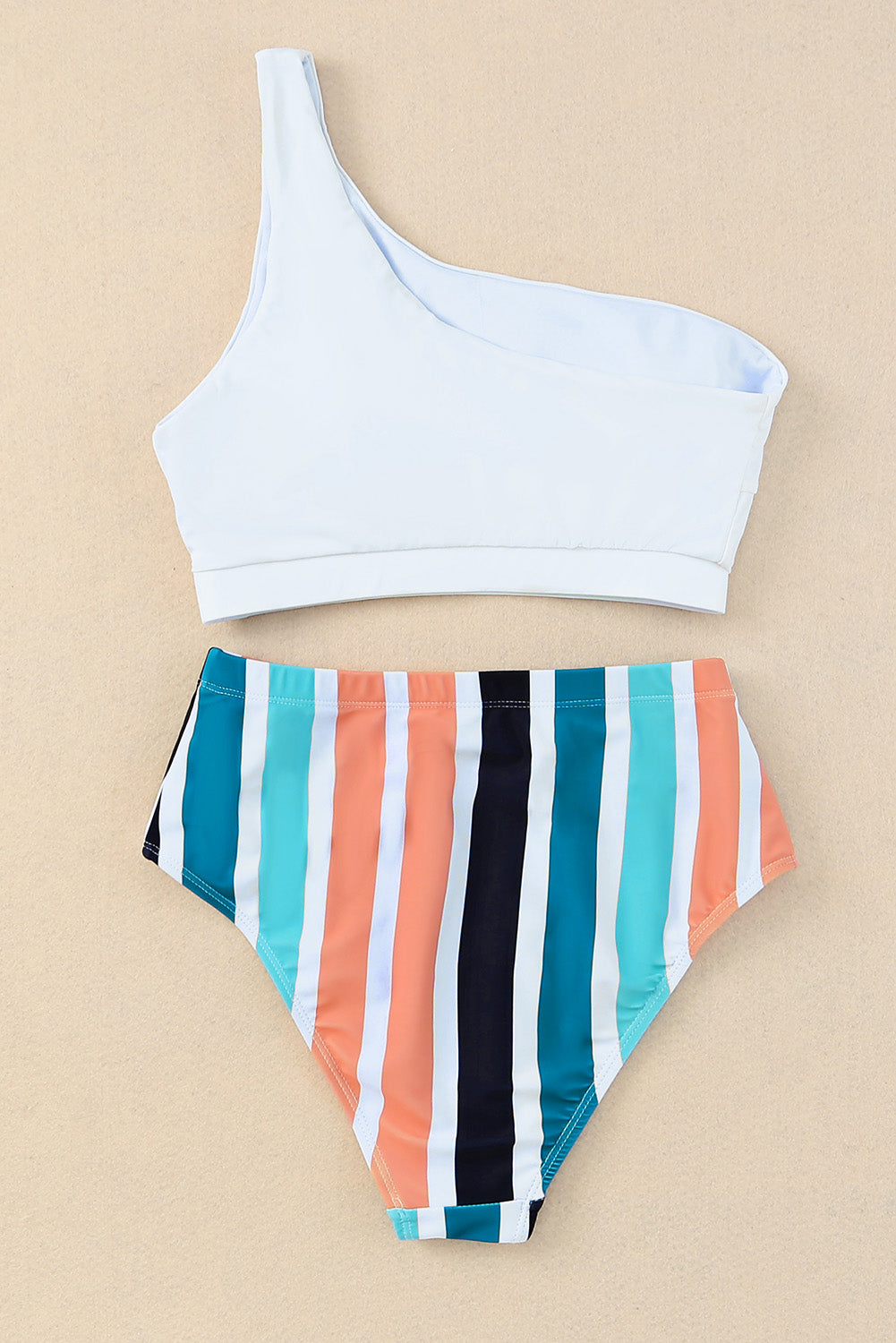 Striped One Shoulder Two-Piece Swim Set - felvior
