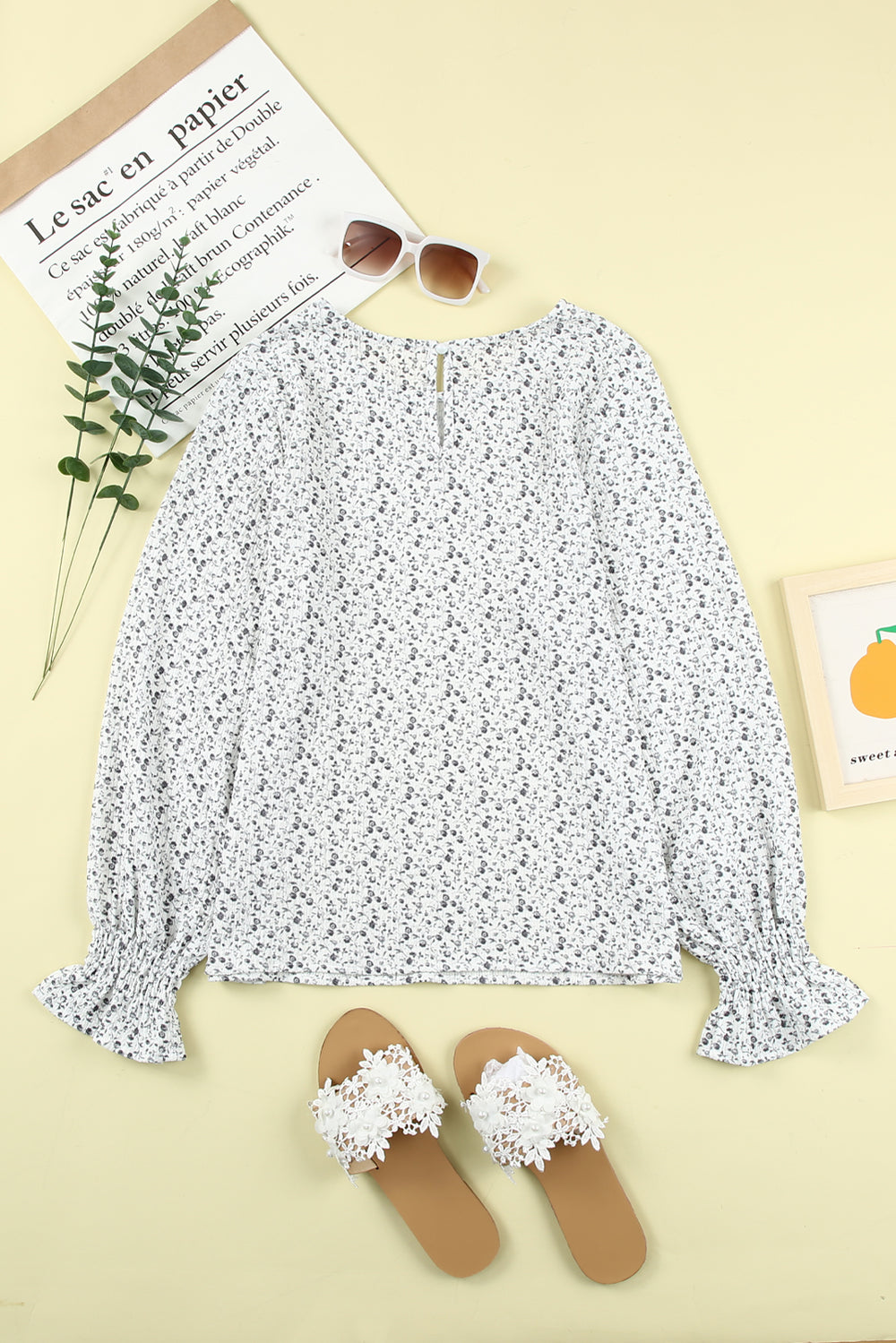 Printed Round Neck Flounce Sleeve Blouse