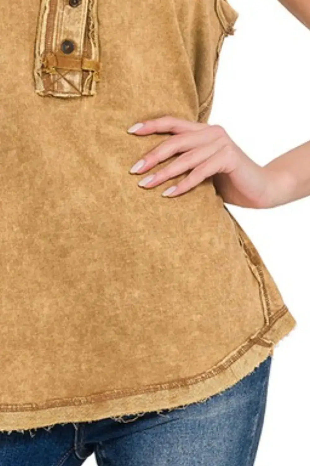 Zenana Washed Half-button Raw Edge Sleeveless Henley Top