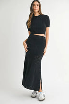 MABLE Pointelle Short Sleeve Crop Top and Slit Skirt Sweater Set