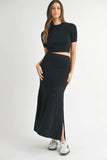 MABLE Pointelle Short Sleeve Crop Top and Slit Skirt Sweater Set - felvior