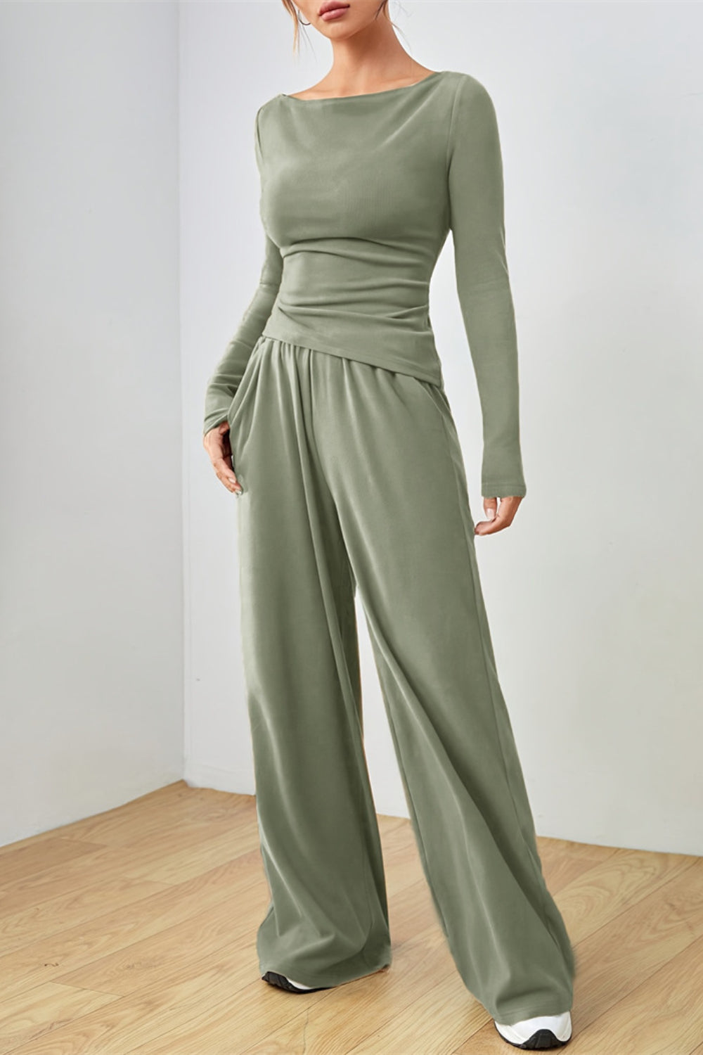 Boat Neck Long Sleeve Top and Pants Set - felvior