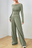 Boat Neck Long Sleeve Top and Pants Set - felvior