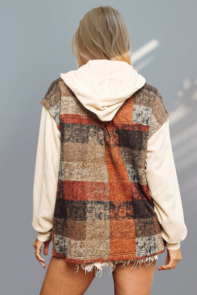 Double Take Contrast Long Sleeve Hooded Plaid Jacket - felvior