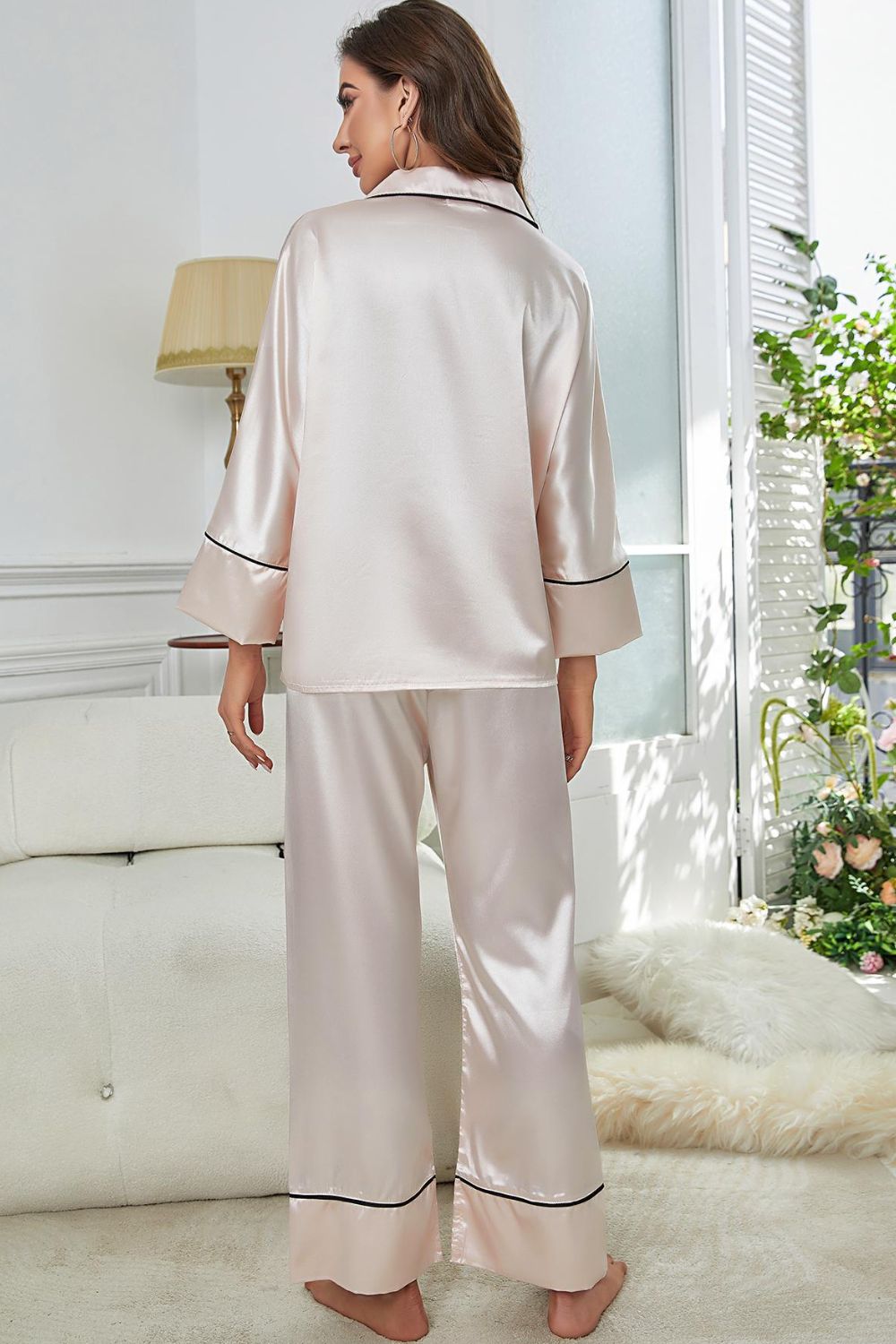 Contrast Piping Button-Up Top and Pants Pajama Set - felvior