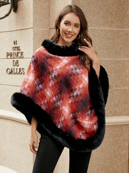 Faux Fur Trim Poncho - felvior