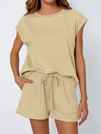 Round Neck Cap Sleeve Top and Shorts Set