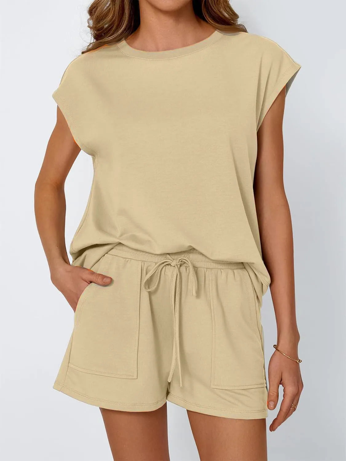 Round Neck Cap Sleeve Top and Shorts Set