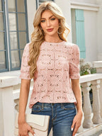 Openwork Round Neck Short Sleeve Top