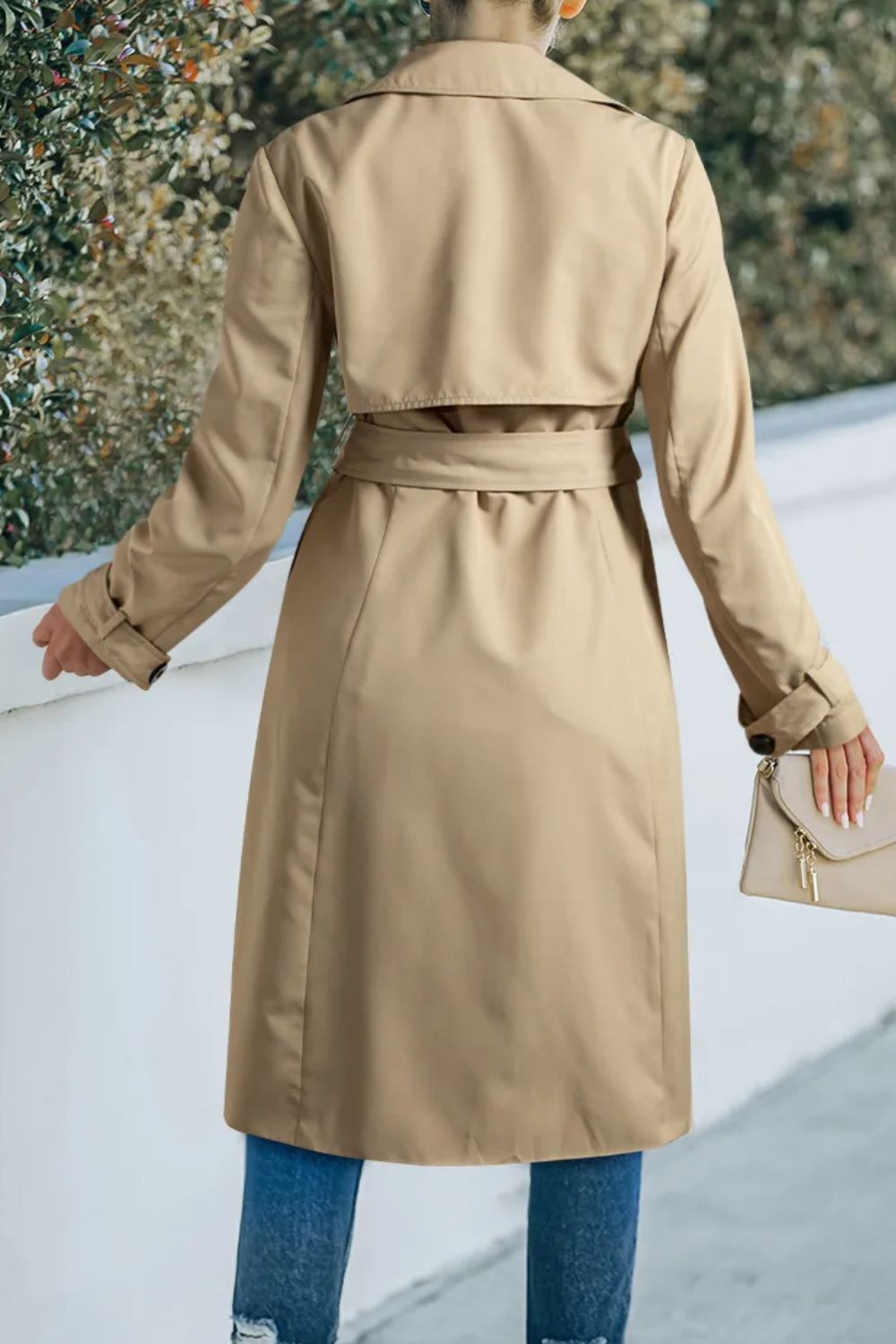 Collared Neck Tie Waist Buttoned Long Sleeve Trench Coat - felvior