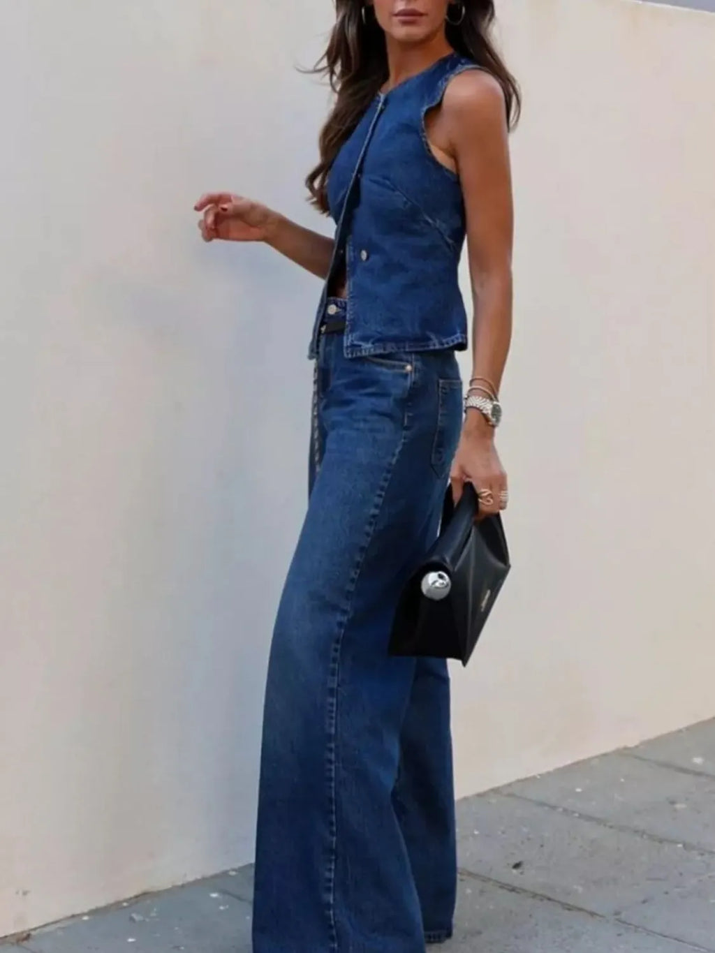 Button Down Vest and Flare Jeans Denim Set