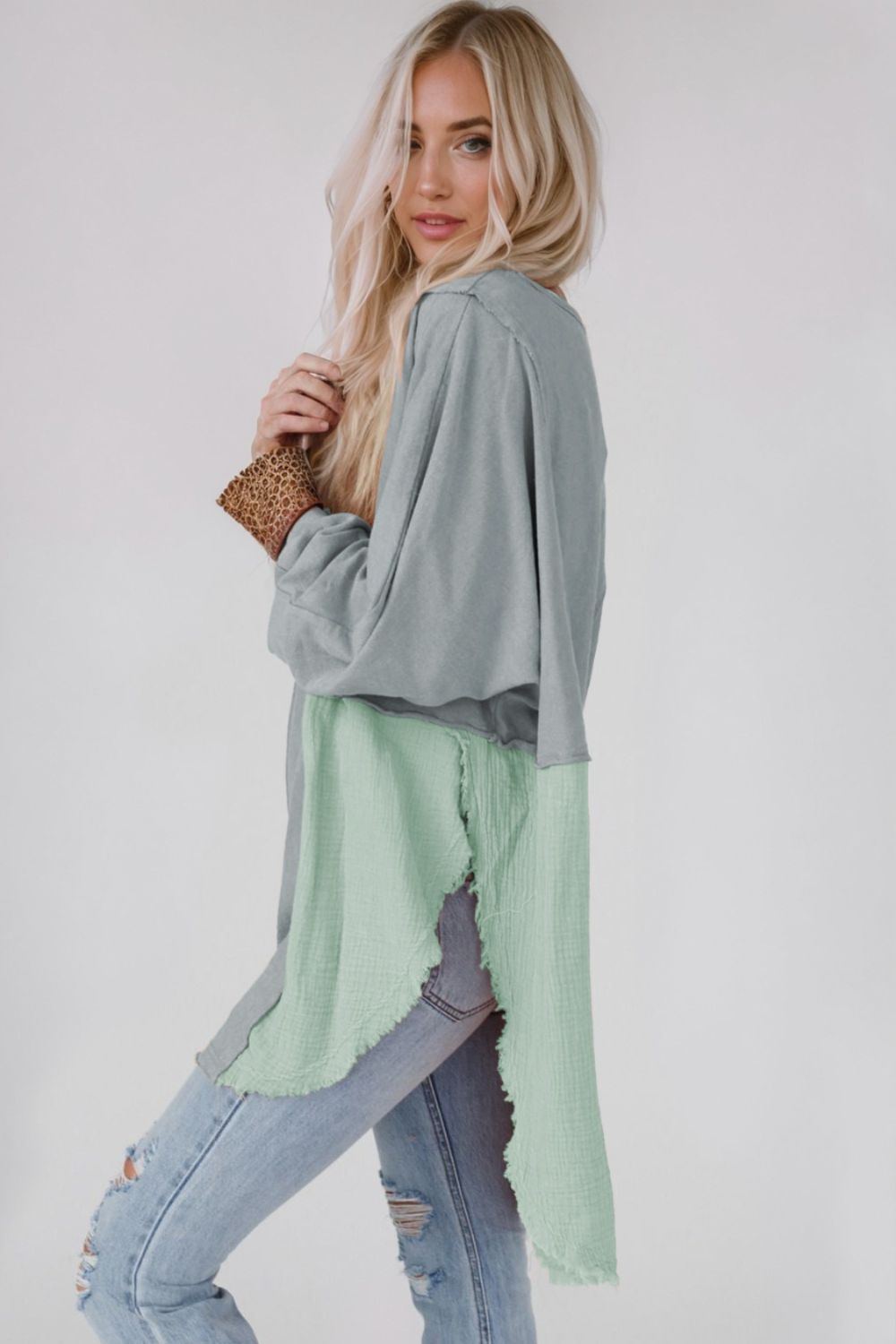 Contrast Texture Round Neck Long Sleeve Blouse - felvior