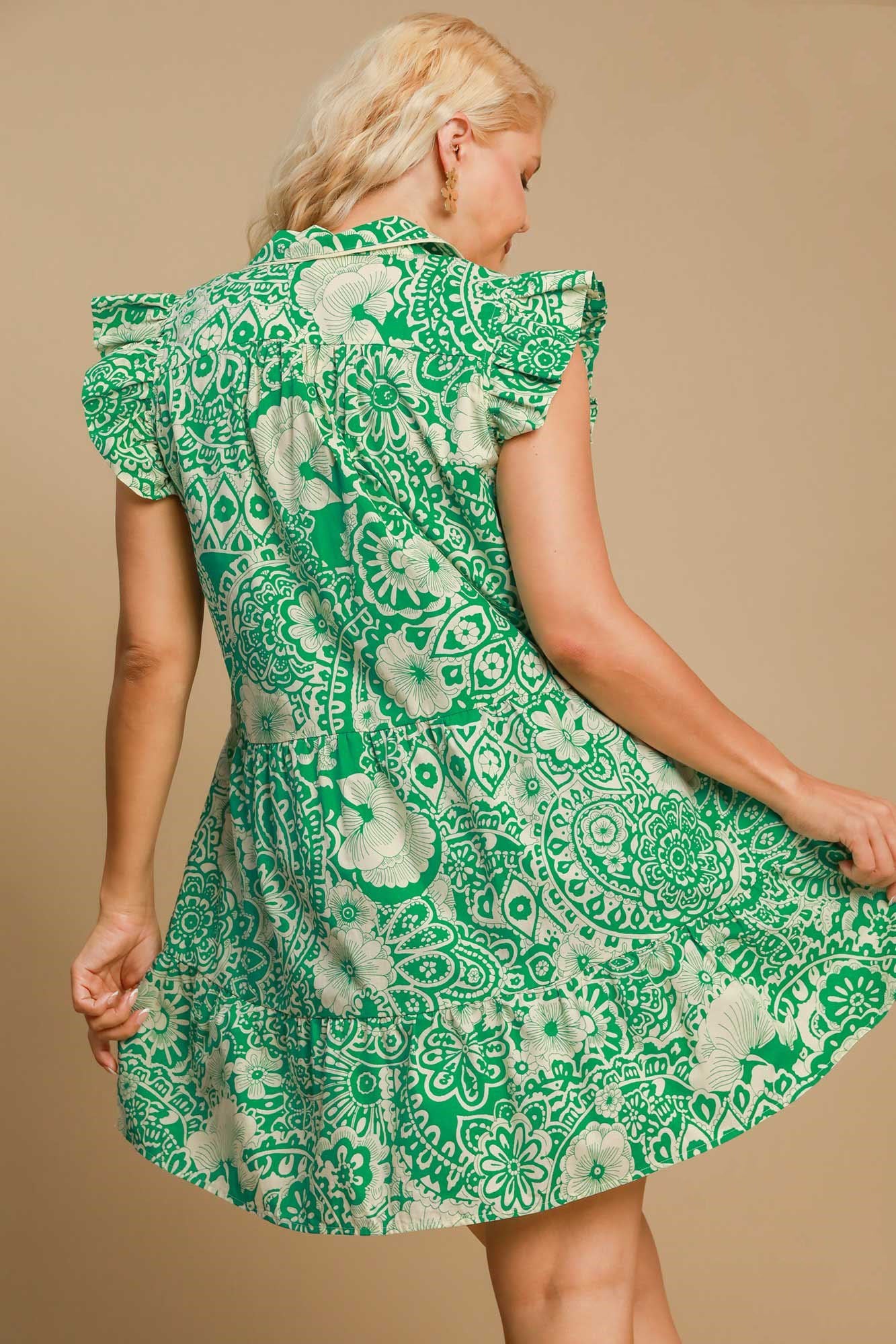 Umgee Full Size Printed Ruffle Cap Sleeve Babydoll Dress Plus Size - felvior