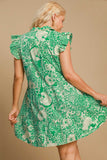Umgee Full Size Printed Ruffle Cap Sleeve Babydoll Dress Plus Size - felvior