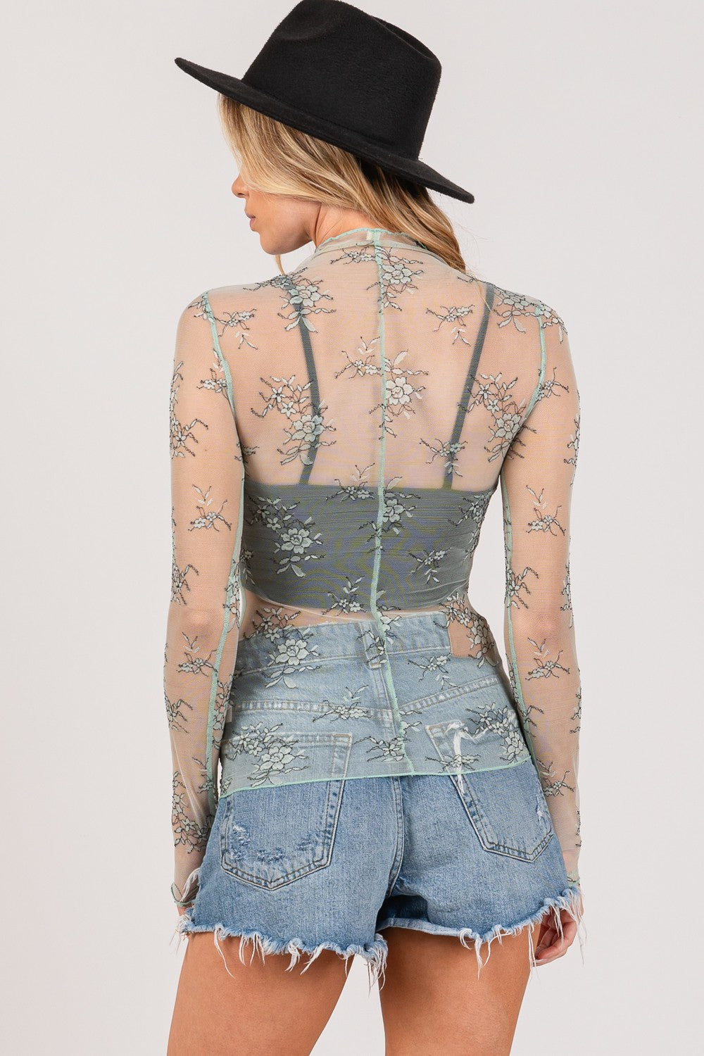 SAGE + FIG Mesh Long Sleeve Sheer Floral Embroidery Top - felvior