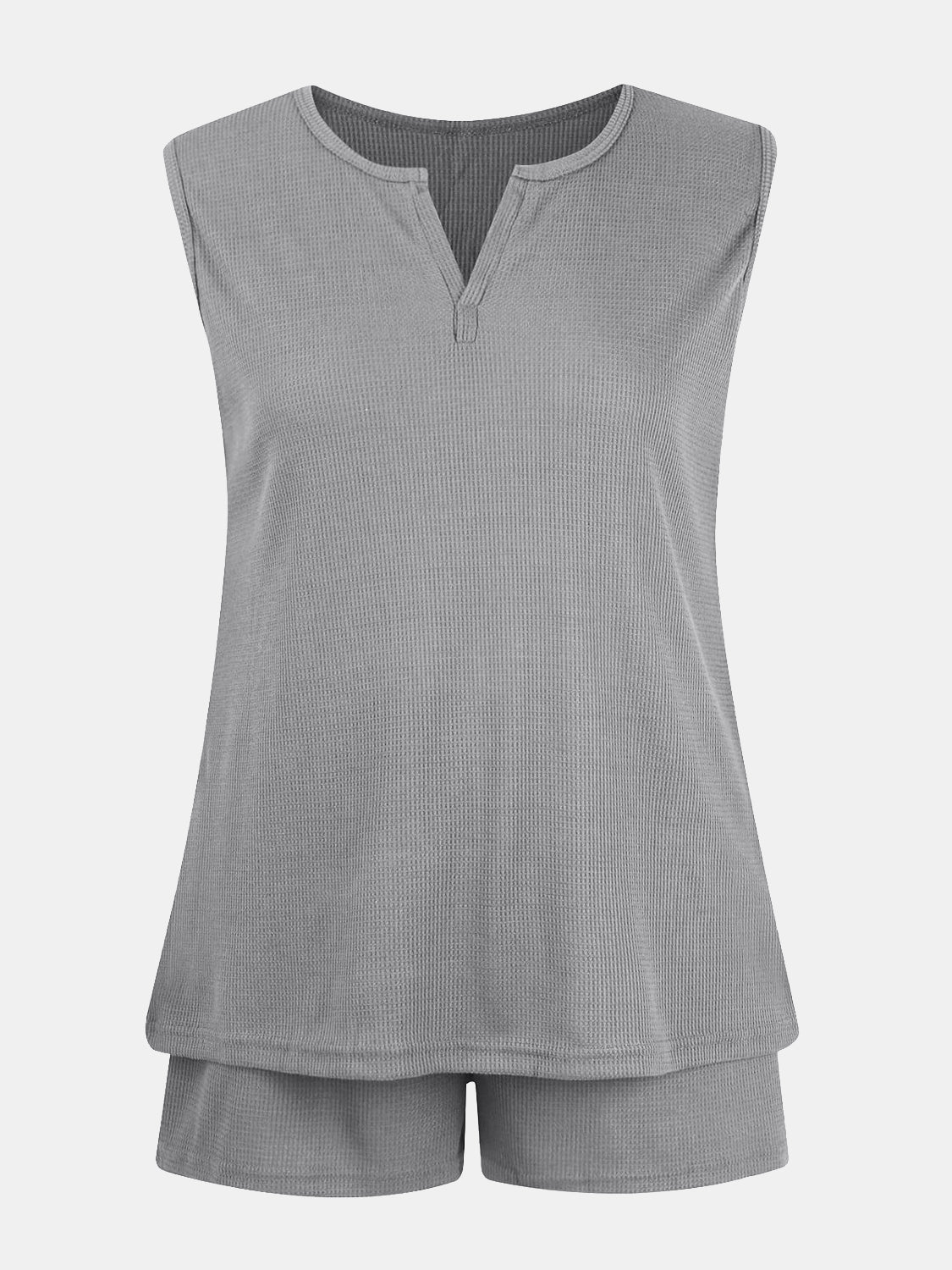 Full Size Waffle-Knit Notched Top and Shorts Set - felvior
