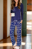 Round Neck Long Sleeve Top and Printed Pants Lounge Set - felvior