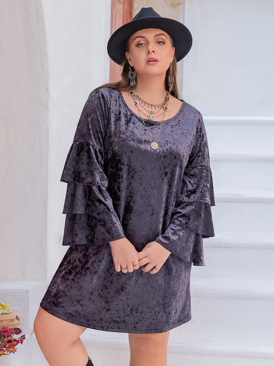 Plus Size Round Neck Flounce Sleeve Mini Dress - felvior