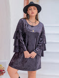 Plus Size Round Neck Flounce Sleeve Mini Dress - felvior