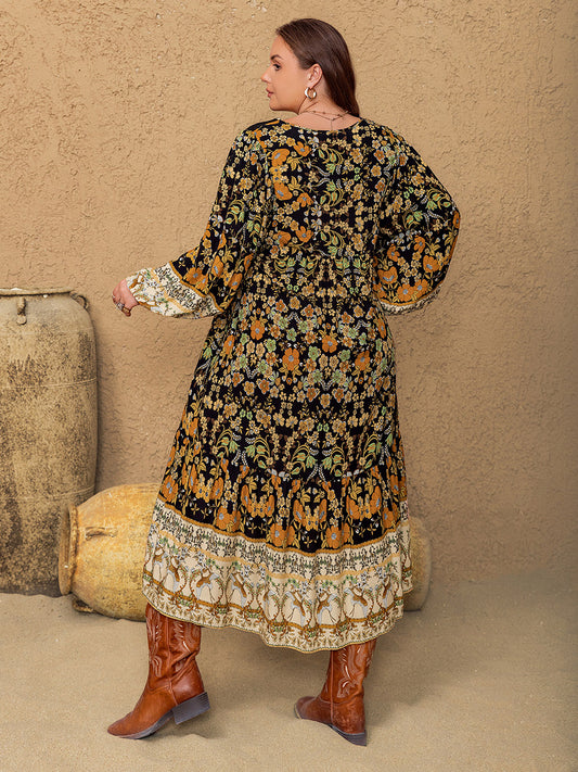 Plus Size Floral V-Neck Balloon Sleeve Midi Dress - felvior