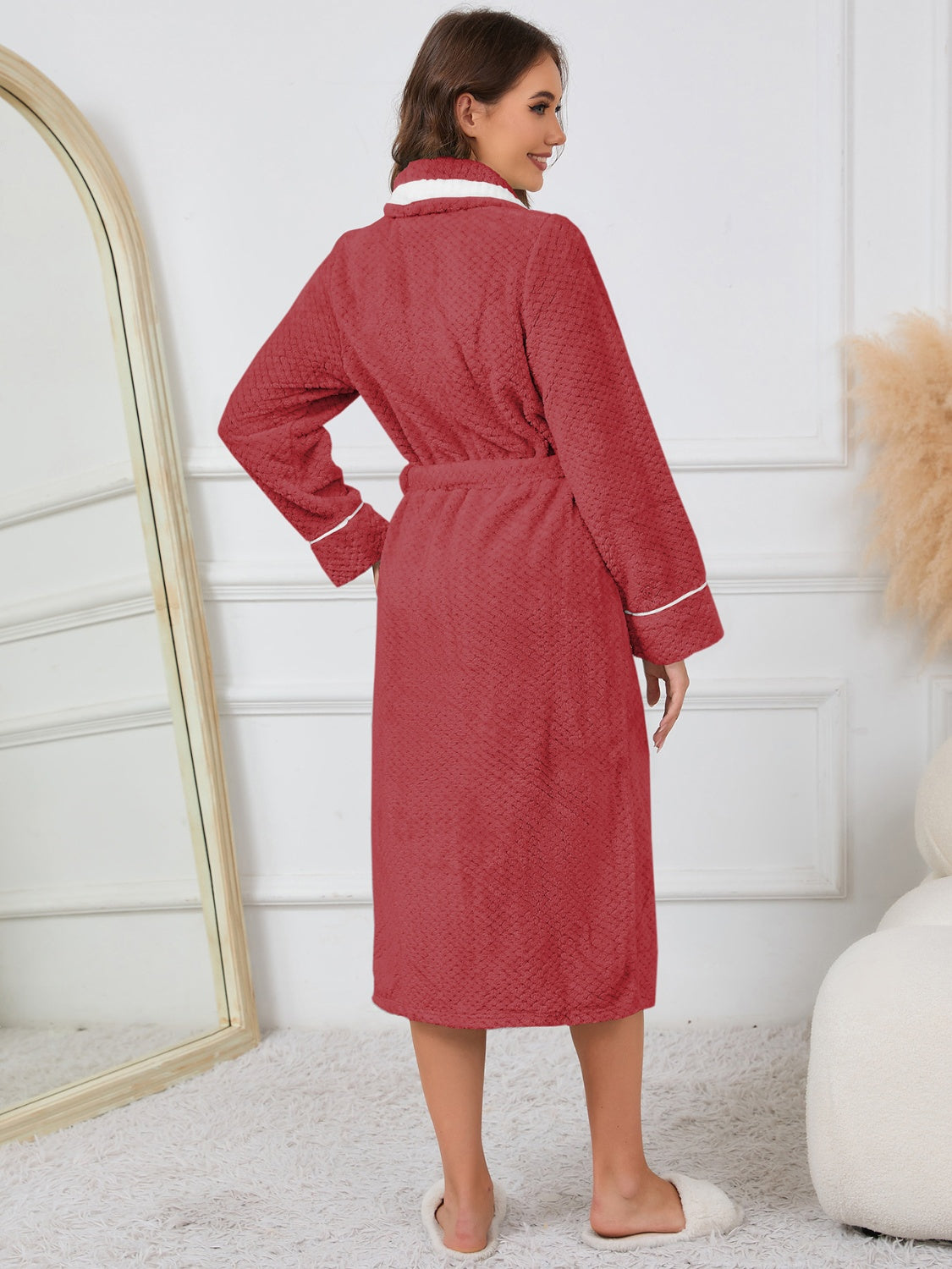 Contrast Trim Tie Waist Lounge Nightgown with Pockets - felvior