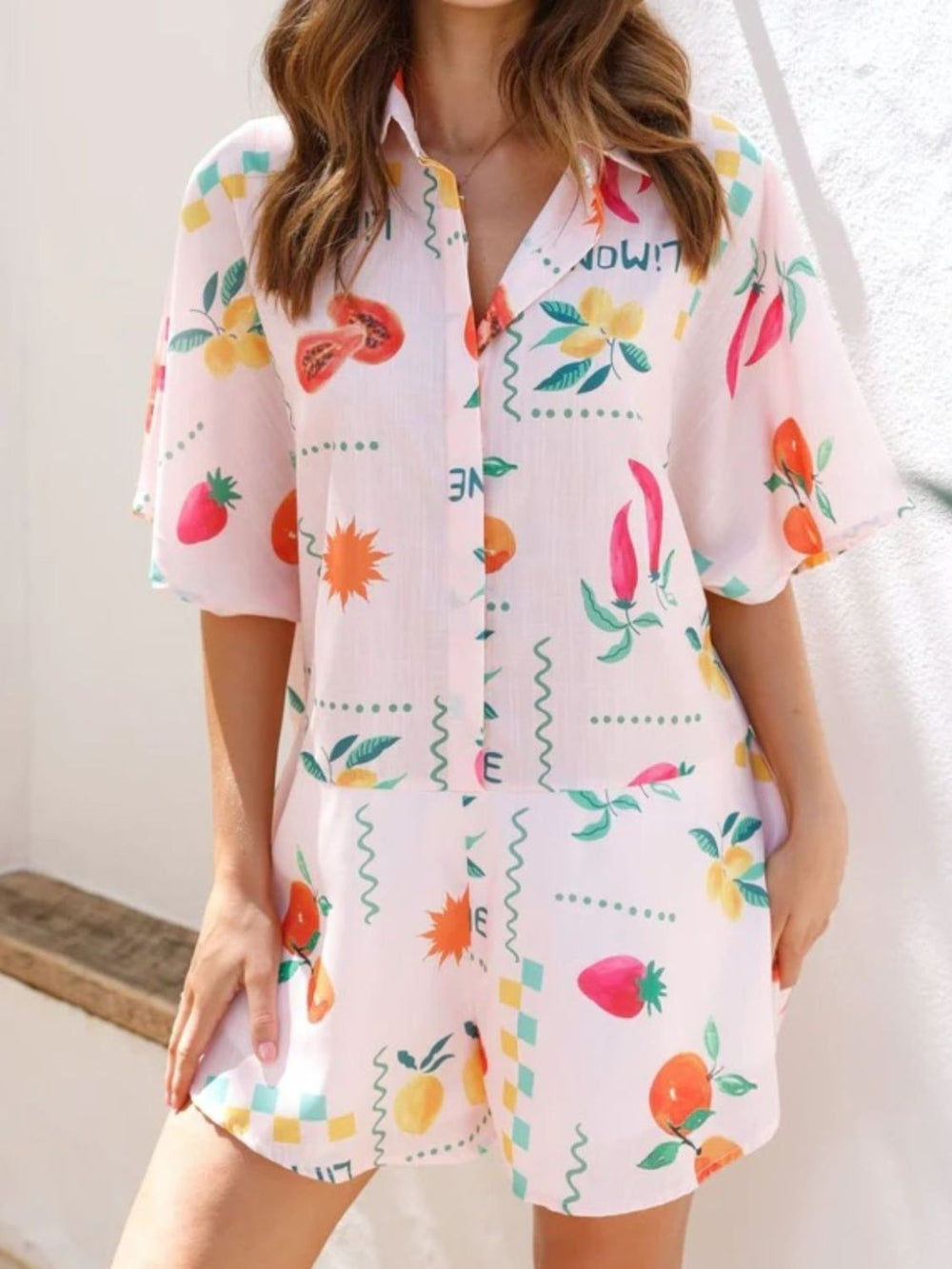 Printed Collared Neck Half Sleeve Romper - felvior