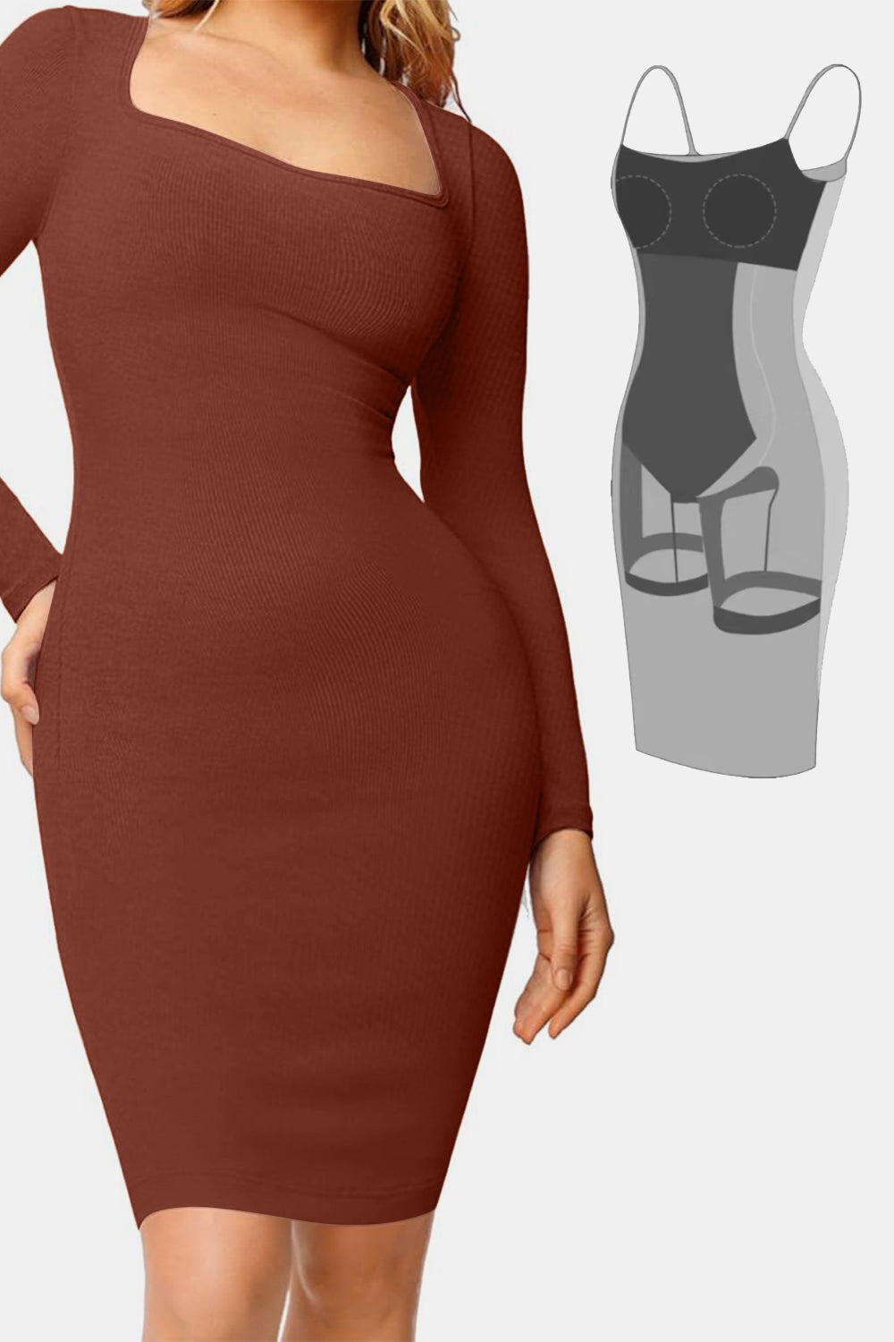 Basic Bae Full Size Built-In Shapewear Square Neck Long Sleeve Dress - felvior
