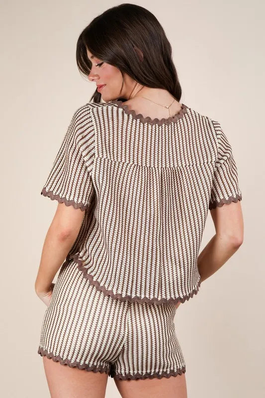 VERY J Wave Trim Detail Knit Top & Shorts Set - felvior